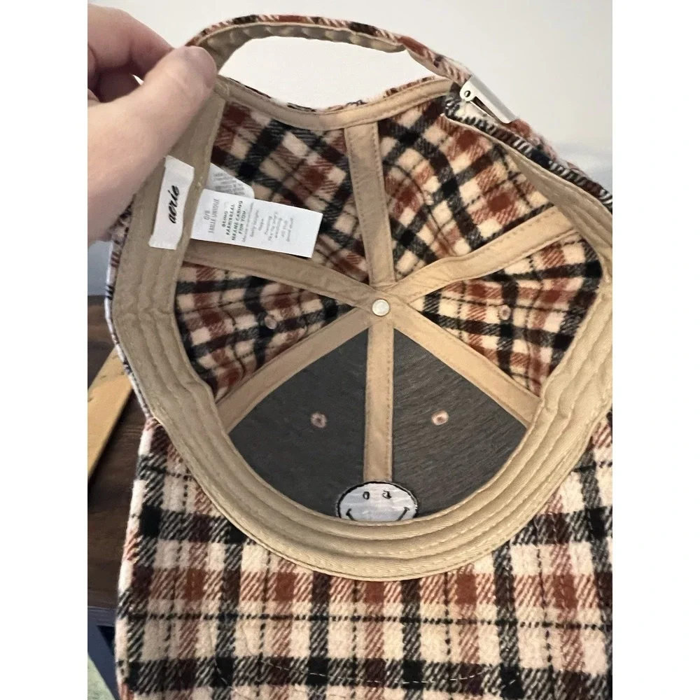 Aerie Plaid Smiley Face Baseball Cap Adjustable Flannel Hat One‎ Size